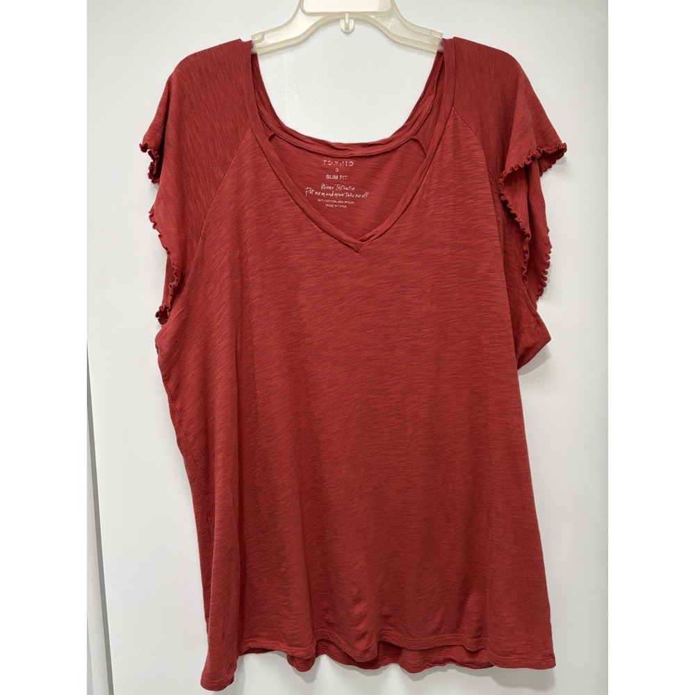 Torrid Super Soft Slub V Neck Ruffle Raglan Sleeve Tee Sz 3 Tandoori Spice Color